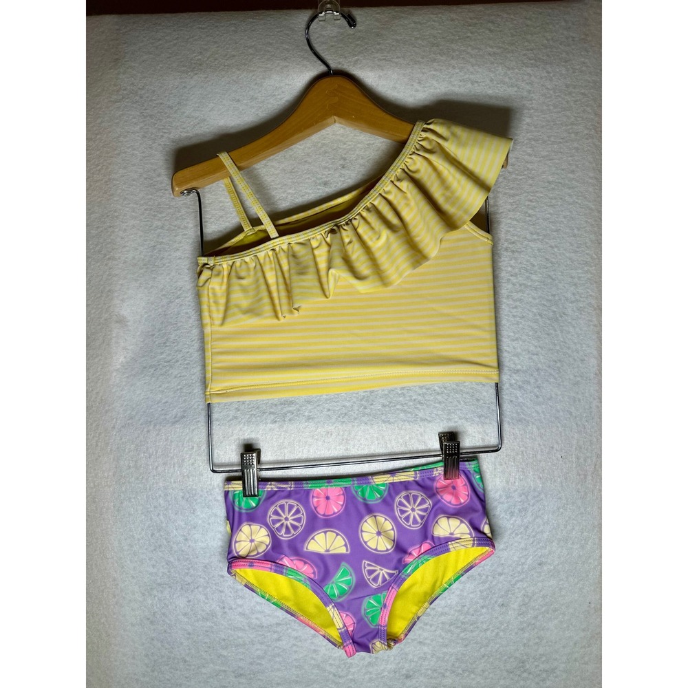 RuffleButts Girls Yellow Stripe Citrus Two Piece Ruffle Swimsuit Size 7